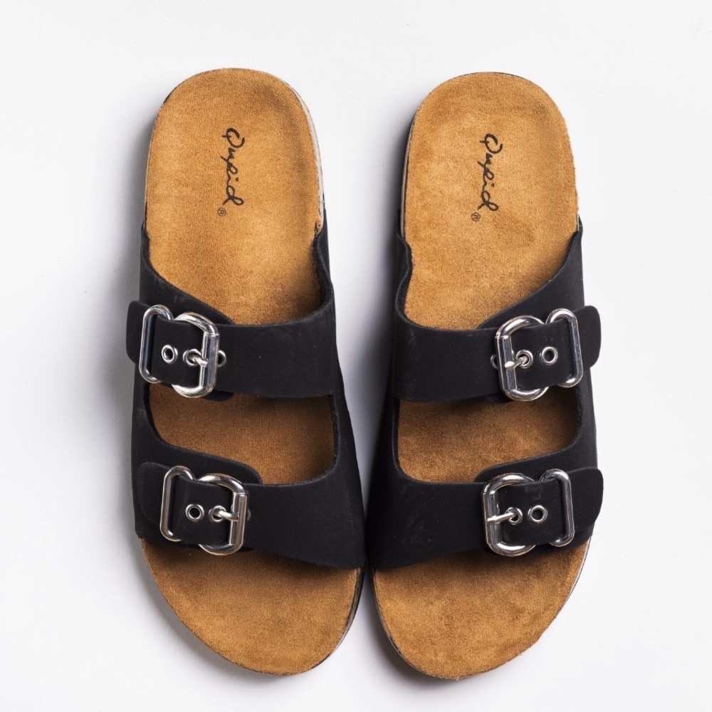 Black Adjustable Double Band Buckle Slides - Picture 2 of 8